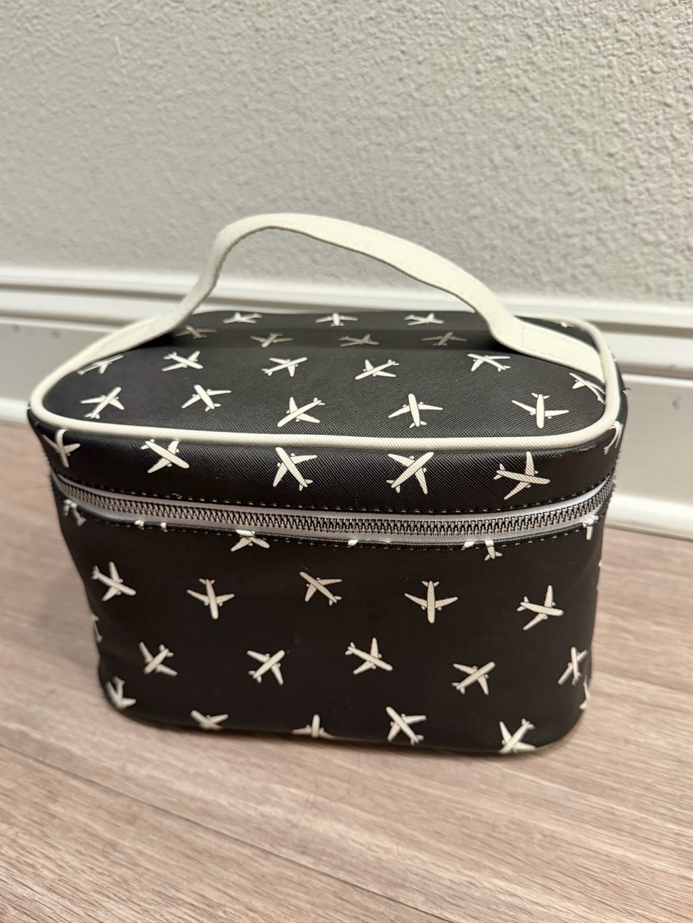 OCS Designs Black and White Travel Cosmetic Case with Airplane Print